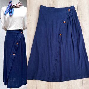 Chartou Navy Blue Wrap Style Midi Skirt with Pockets & Wood Button Detail Size L
